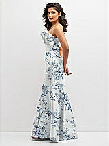 Side View Thumbnail - Cottage Rose Larkspur Floral Strapless Satin Fit and Flare Dress with Crumb-Catcher Bodice