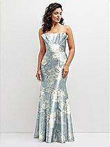 Front View Thumbnail - Porcelain Blue Seraphina Floral Floral Strapless Satin Fit and Flare Dress with Crumb-Catcher Bodice