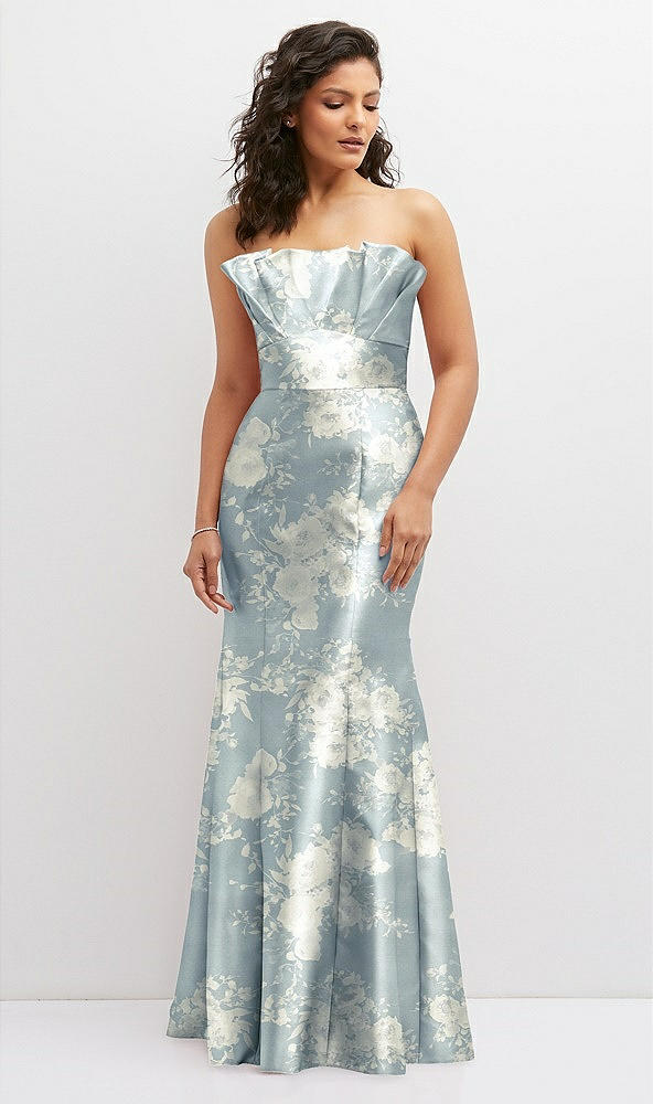 Front View - Porcelain Blue Seraphina Floral Floral Strapless Satin Fit and Flare Dress with Crumb-Catcher Bodice