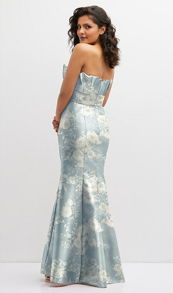 Back View - Porcelain Blue Seraphina Floral Floral Strapless Satin Fit and Flare Dress with Crumb-Catcher Bodice