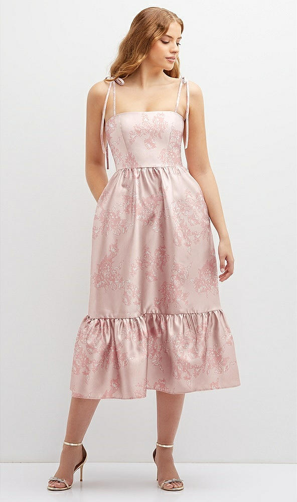 Front View - Bow And Blossom Print Floral Shirred Ruffle Hem Midi Dress with Self-Tie Spaghetti Straps and Pockets