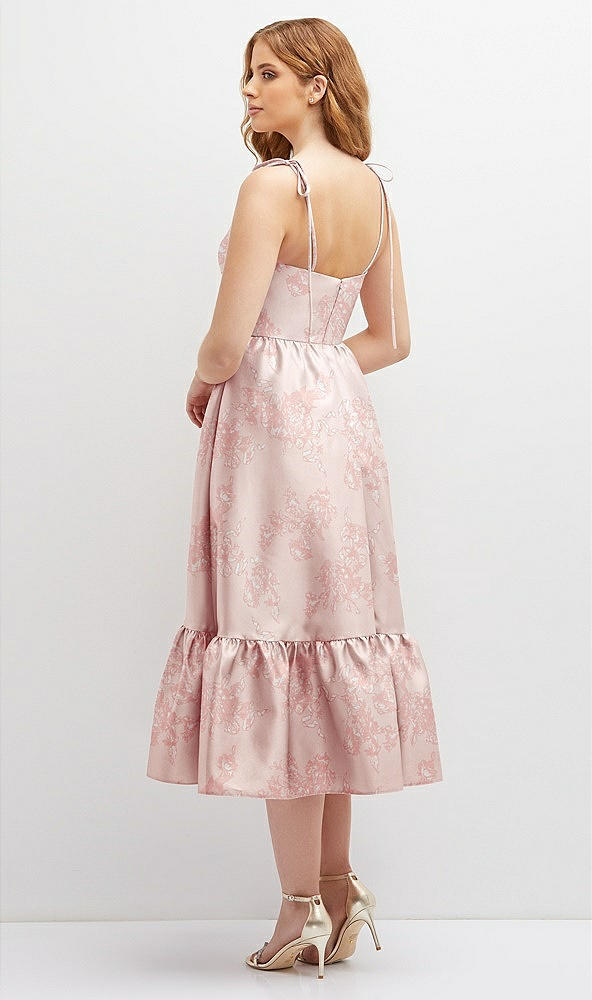 Back View - Bow And Blossom Print Floral Shirred Ruffle Hem Midi Dress with Self-Tie Spaghetti Straps and Pockets