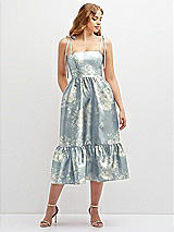 Front View Thumbnail - Porcelain Blue Seraphina Floral Floral Shirred Ruffle Hem Midi Dress with Self-Tie Spaghetti Straps and Pockets