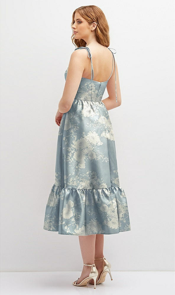 Back View - Porcelain Blue Seraphina Floral Floral Shirred Ruffle Hem Midi Dress with Self-Tie Spaghetti Straps and Pockets