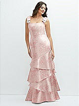 Front View Thumbnail - Bow And Blossom Print Floral Bow-Shoulder Satin Maxi Dress with Asymmetrical Tiered Skirt