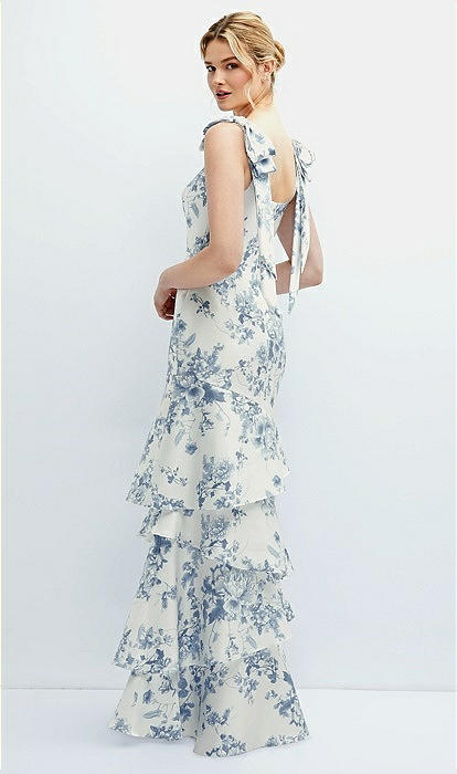 Floral Bow-shoulder Satin Maxi Bridesmaid Dress With Asymmetrical