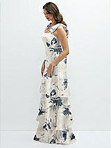 Side View Thumbnail - Inkwash Blue Floral Floral Bow-Shoulder Satin Maxi Dress with Asymmetrical Tiered Skirt