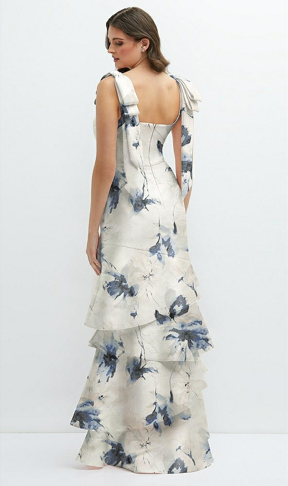 Back View - Inkwash Blue Floral Floral Bow-Shoulder Satin Maxi Dress with Asymmetrical Tiered Skirt