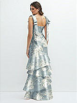 Rear View Thumbnail - Porcelain Blue Seraphina Floral Floral Bow-Shoulder Satin Maxi Dress with Asymmetrical Tiered Skirt
