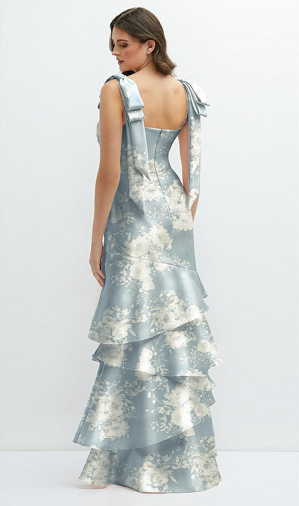 Back View - Porcelain Blue Seraphina Floral Floral Bow-Shoulder Satin Maxi Dress with Asymmetrical Tiered Skirt