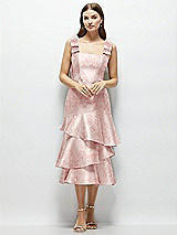 Alt View 1 Thumbnail - Bow And Blossom Print Floral Bow-Shoulder Satin Midi Dress with Asymmetrical Tiered Skirt