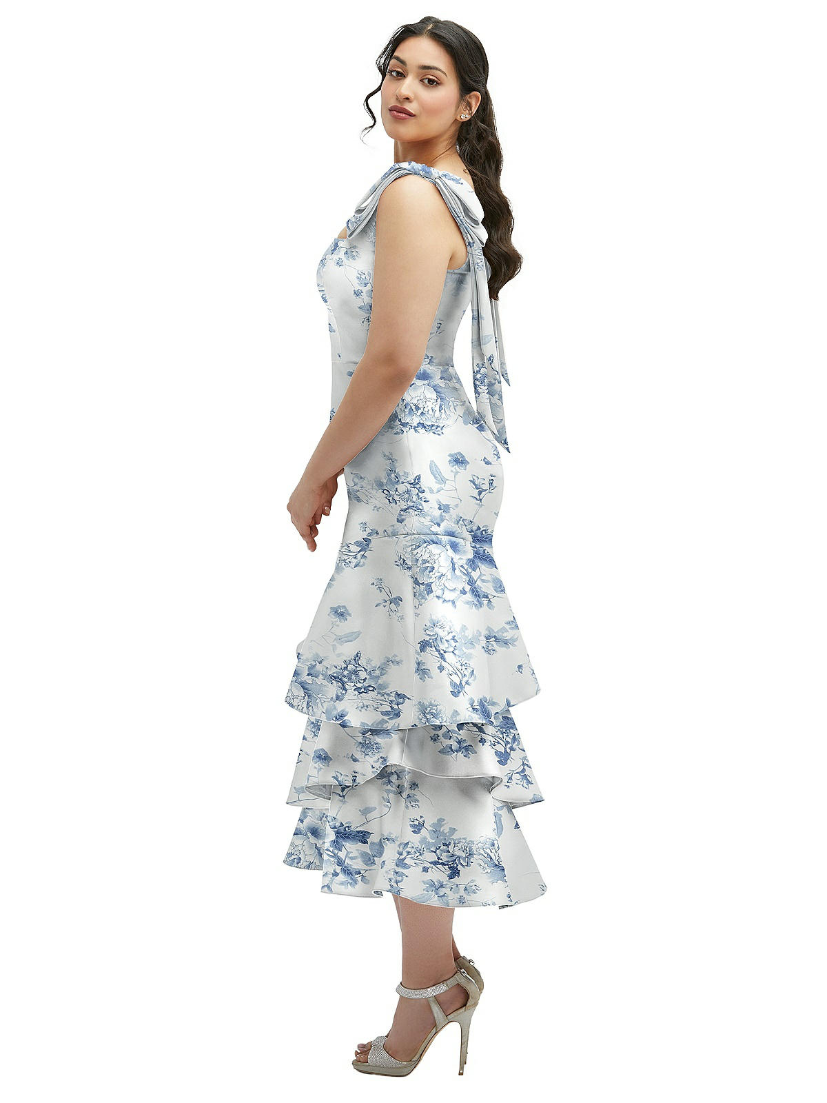 Floral Bow-shoulder Satin Midi Bridesmaid Dress With Asymmetrical