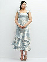 Side View Thumbnail - Porcelain Blue Seraphina Floral Floral Bow-Shoulder Satin Midi Dress with Asymmetrical Tiered Skirt