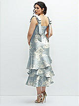 Rear View Thumbnail - Porcelain Blue Seraphina Floral Floral Bow-Shoulder Satin Midi Dress with Asymmetrical Tiered Skirt