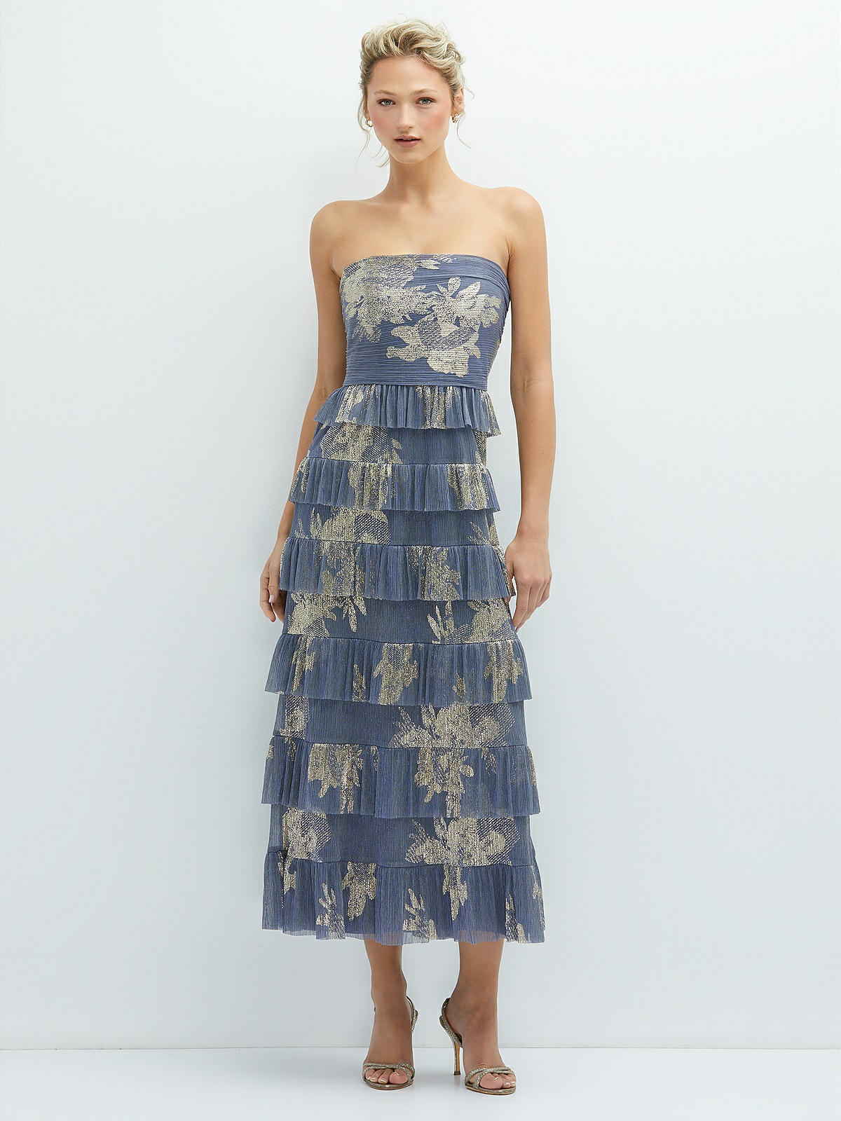 Ruffle Tiered Skirt Metallic Pleated Strapless Midi Bridesmaid