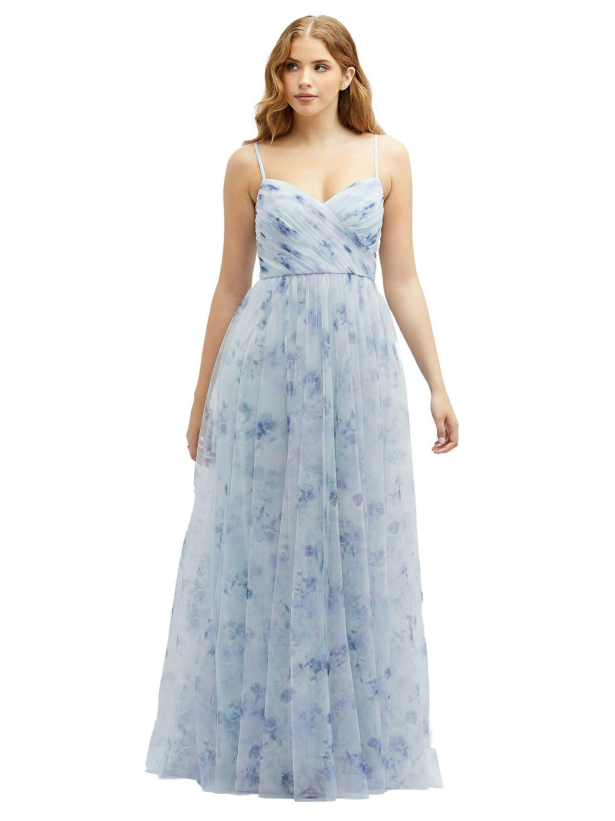 Floral Ruched Wrap Bodice Tulle Bridesmaid Dress With Long Full