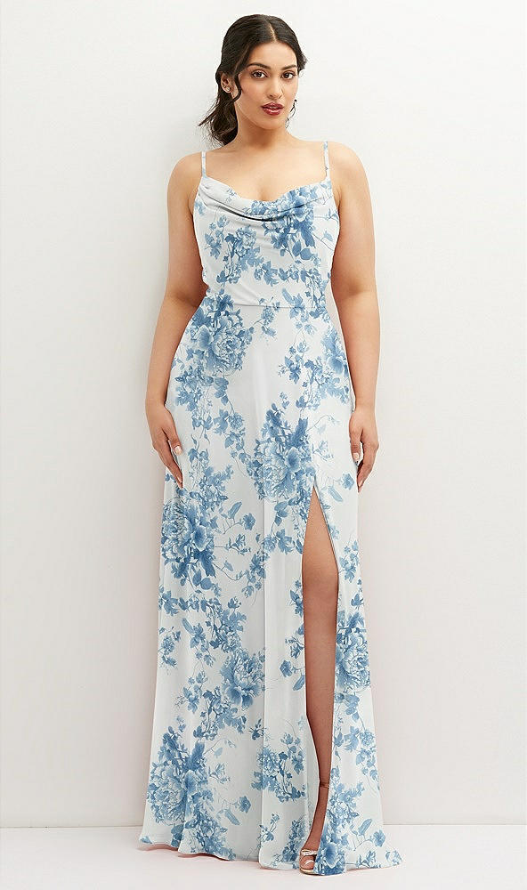 Front View - Cottage Rose Dusk Blue Soft Cowl-Neck A-Line Maxi Dress with Adjustable Straps