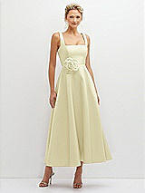 Front View Thumbnail - Butter Yellow Square Neck Satin Midi Dress with Full Skirt & Flower Sash
