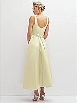 Rear View Thumbnail - Butter Yellow Square Neck Satin Midi Dress with Full Skirt & Flower Sash