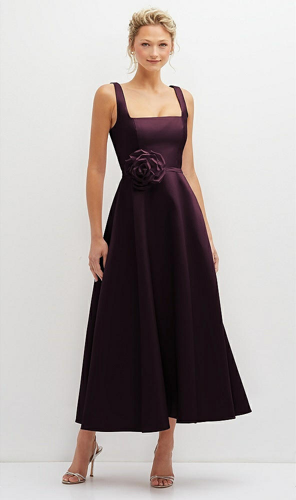 Front View - Deep Plum Square Neck Satin Midi Dress with Full Skirt & Flower Sash