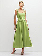 Front View Thumbnail - Mojito Square Neck Satin Midi Dress with Full Skirt & Flower Sash