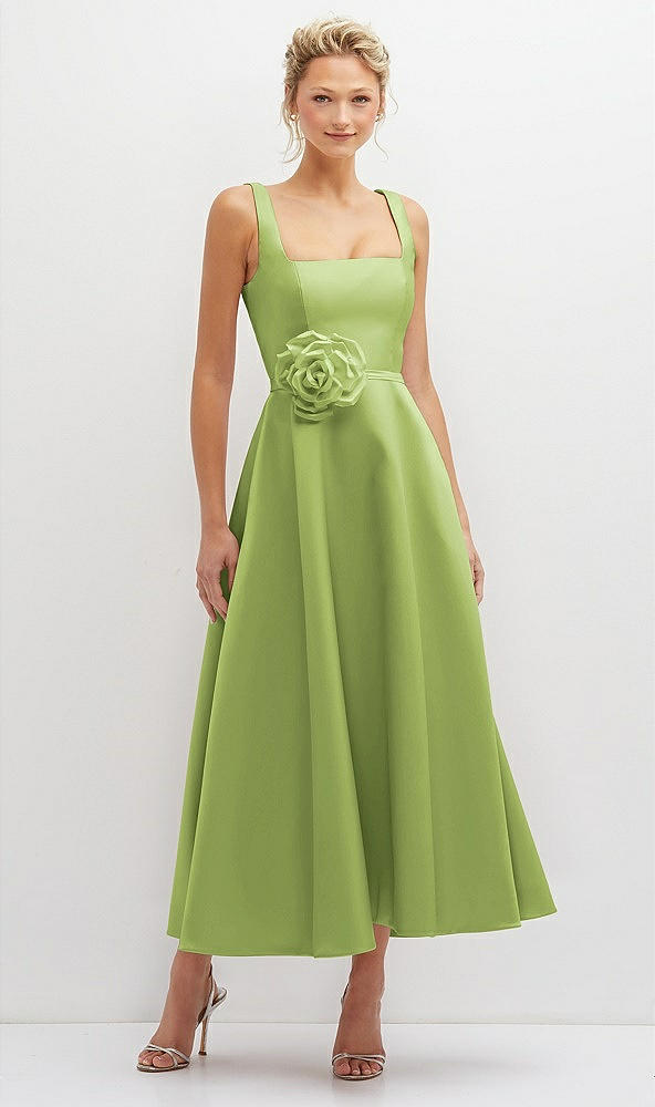 Front View - Mojito Square Neck Satin Midi Dress with Full Skirt & Flower Sash