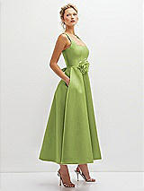 Side View Thumbnail - Mojito Square Neck Satin Midi Dress with Full Skirt & Flower Sash