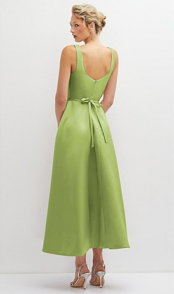 Back View - Mojito Square Neck Satin Midi Dress with Full Skirt & Flower Sash