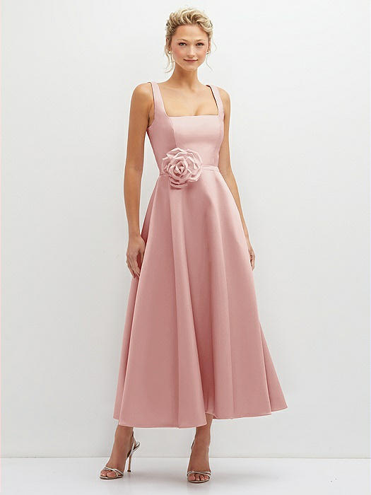 Square Neck Satin Midi Dress with Full Skirt & Flower Sash