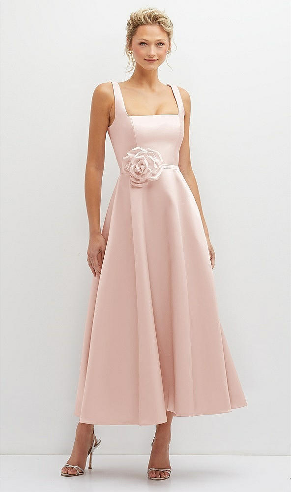 Front View - Blush Square Neck Satin Midi Dress with Full Skirt & Flower Sash