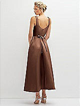Rear View Thumbnail - Cognac Square Neck Satin Midi Dress with Full Skirt & Flower Sash