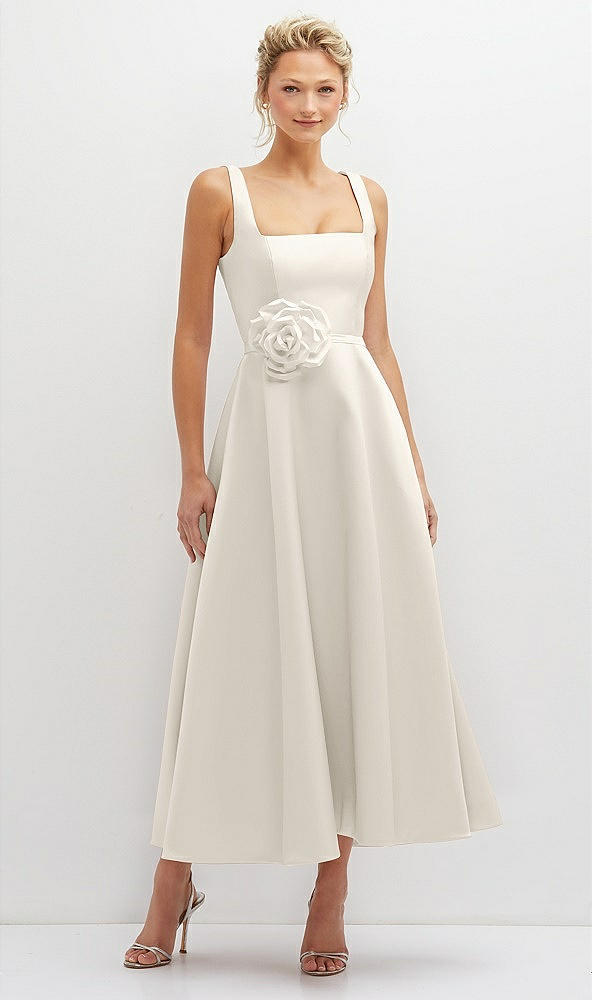 Front View - Ivory Square Neck Satin Midi Dress with Full Skirt & Flower Sash