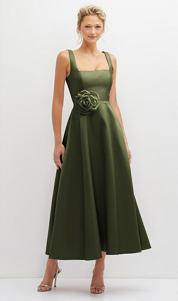 Front View - Olive Green Square Neck Satin Midi Dress with Full Skirt & Flower Sash