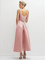 Rear View Thumbnail - Rose Square Neck Satin Midi Dress with Full Skirt & Flower Sash