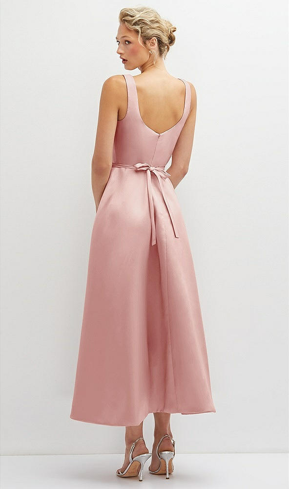 Back View - Rose Square Neck Satin Midi Dress with Full Skirt & Flower Sash