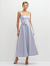 Front View Thumbnail - Silver Dove Square Neck Satin Midi Dress with Full Skirt & Flower Sash