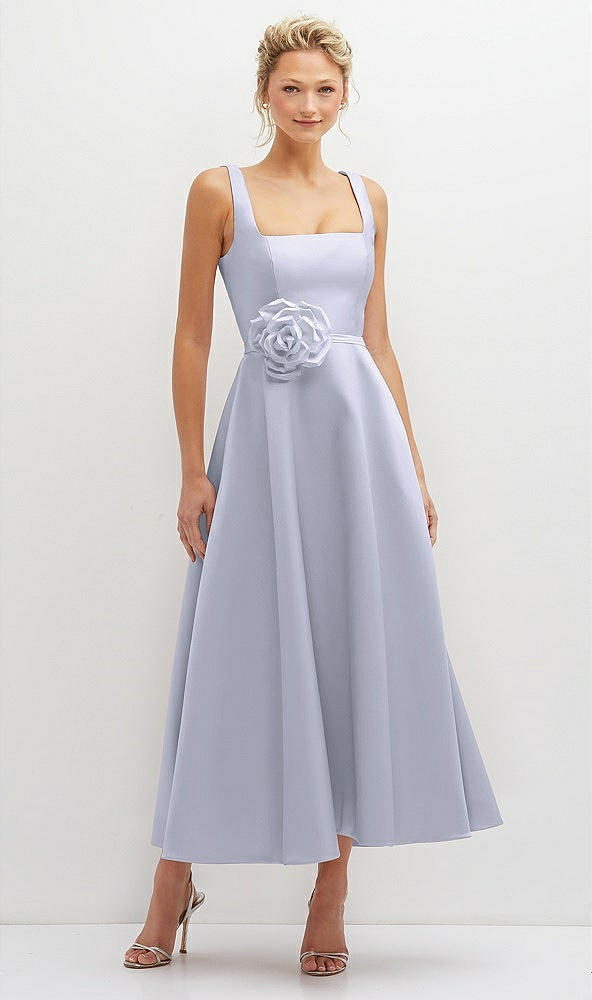 Front View - Silver Dove Square Neck Satin Midi Dress with Full Skirt & Flower Sash