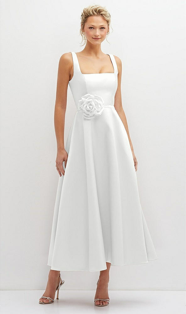 Front View - White Square Neck Satin Midi Dress with Full Skirt & Flower Sash