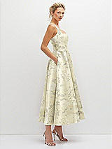 Side View Thumbnail - Butter Yellow Floral Floral Square Neck Satin Midi Dress with Full Skirt & Pockets