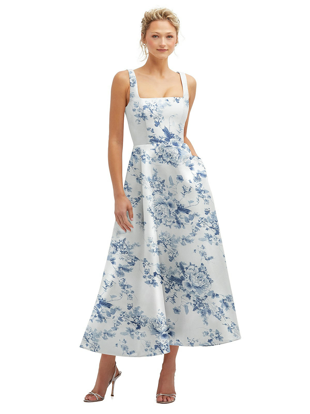 Floral Square Neck Satin Midi Bridesmaid Dress With Full Skirt