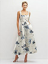 Front View Thumbnail - Inkwash Blue Floral Floral Square Neck Satin Midi Dress with Full Skirt & Pockets