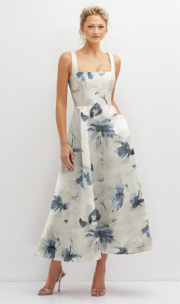 Front View - Inkwash Blue Floral Floral Square Neck Satin Midi Dress with Full Skirt & Pockets