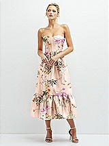 Front View Thumbnail - Butterfly Botanica Pink Sand Floral Satin Strapless Midi Corset Dress with Lace-Up Back & Ruffle Hem