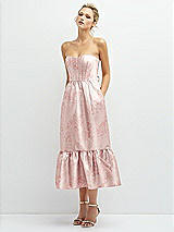Alt View 1 Thumbnail - Bow And Blossom Print Floral Satin Strapless Midi Corset Dress with Lace-Up Back & Ruffle Hem