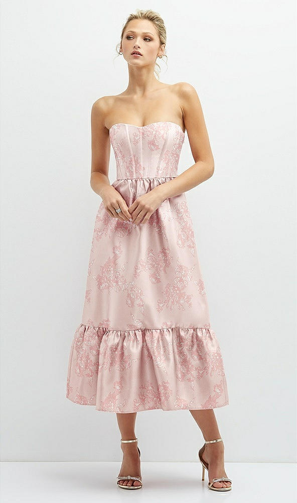 Front View - Bow And Blossom Print Floral Satin Strapless Midi Corset Dress with Lace-Up Back & Ruffle Hem