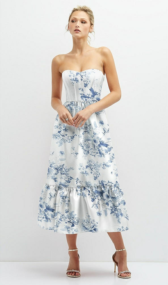 Front View - Cottage Rose Larkspur Floral Satin Strapless Midi Corset Dress with Lace-Up Back & Ruffle Hem