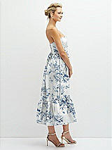 Side View Thumbnail - Cottage Rose Larkspur Floral Satin Strapless Midi Corset Dress with Lace-Up Back & Ruffle Hem