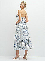 Rear View Thumbnail - Cottage Rose Larkspur Floral Satin Strapless Midi Corset Dress with Lace-Up Back & Ruffle Hem