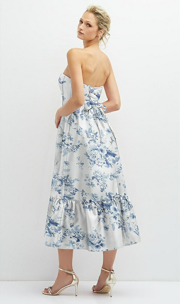Back View - Cottage Rose Larkspur Floral Satin Strapless Midi Corset Dress with Lace-Up Back & Ruffle Hem