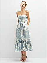 Alt View 1 Thumbnail - Porcelain Blue Seraphina Floral Floral Satin Strapless Midi Corset Dress with Lace-Up Back & Ruffle Hem